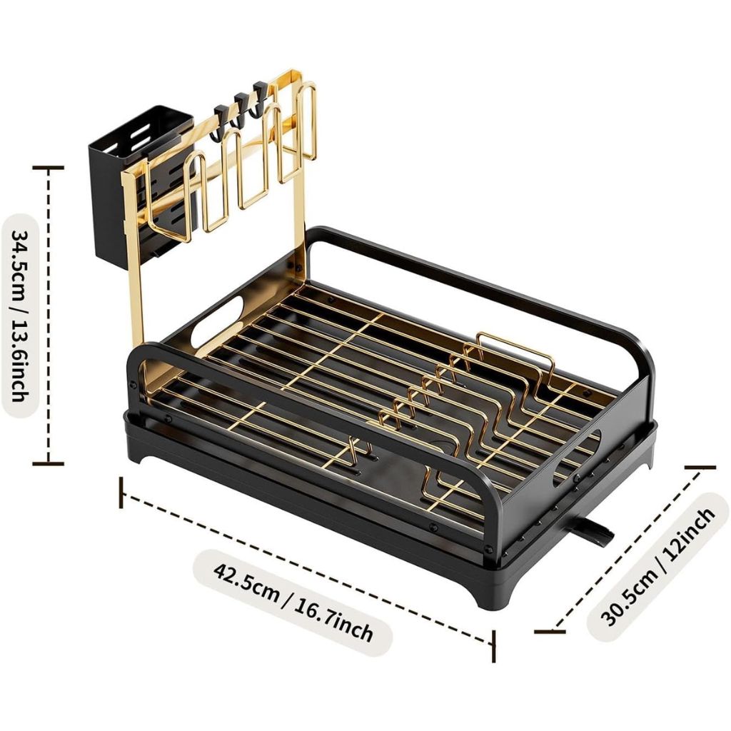 Égouttoir à Vaisselle Moderne avec Système de Drainage Réglable, Noir et Doré – مجفف أطباق عصري بنظام تصريف